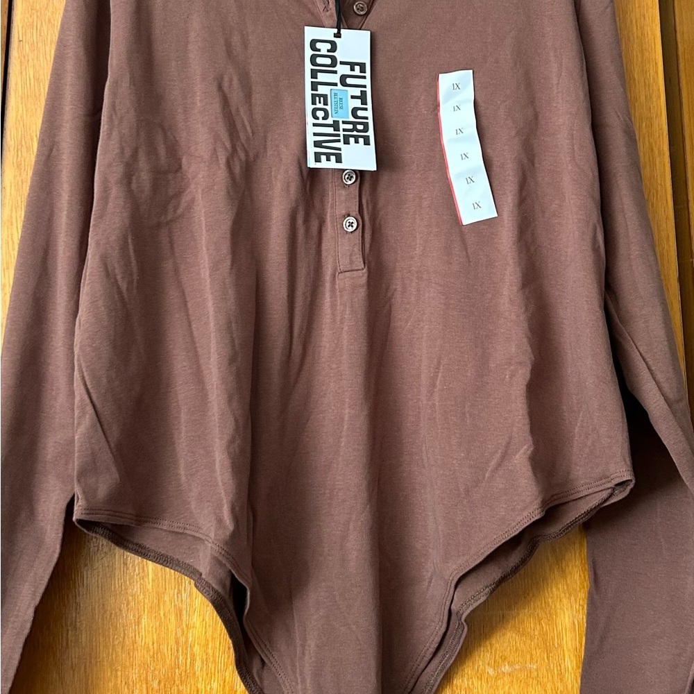 New Future Collective Reese Blutstein Mocha Henley Bodysuit Minimalist Academia - Picture 9 of 9
